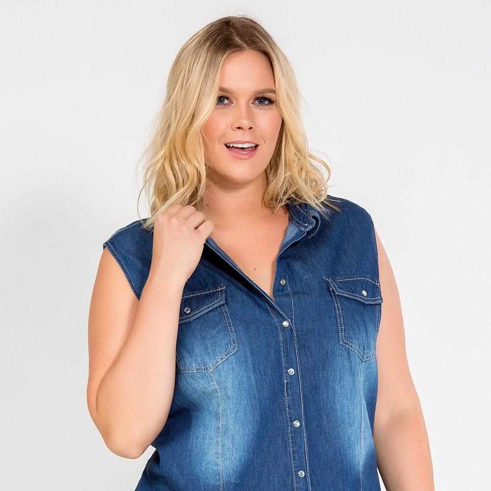 YMI Denim Sleeveless Button Down Shirt